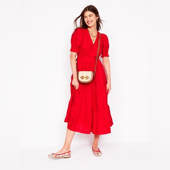 NWT Boden Anna Linen Tiered Midi Dress in Poppy Red - Picture 3 of 12